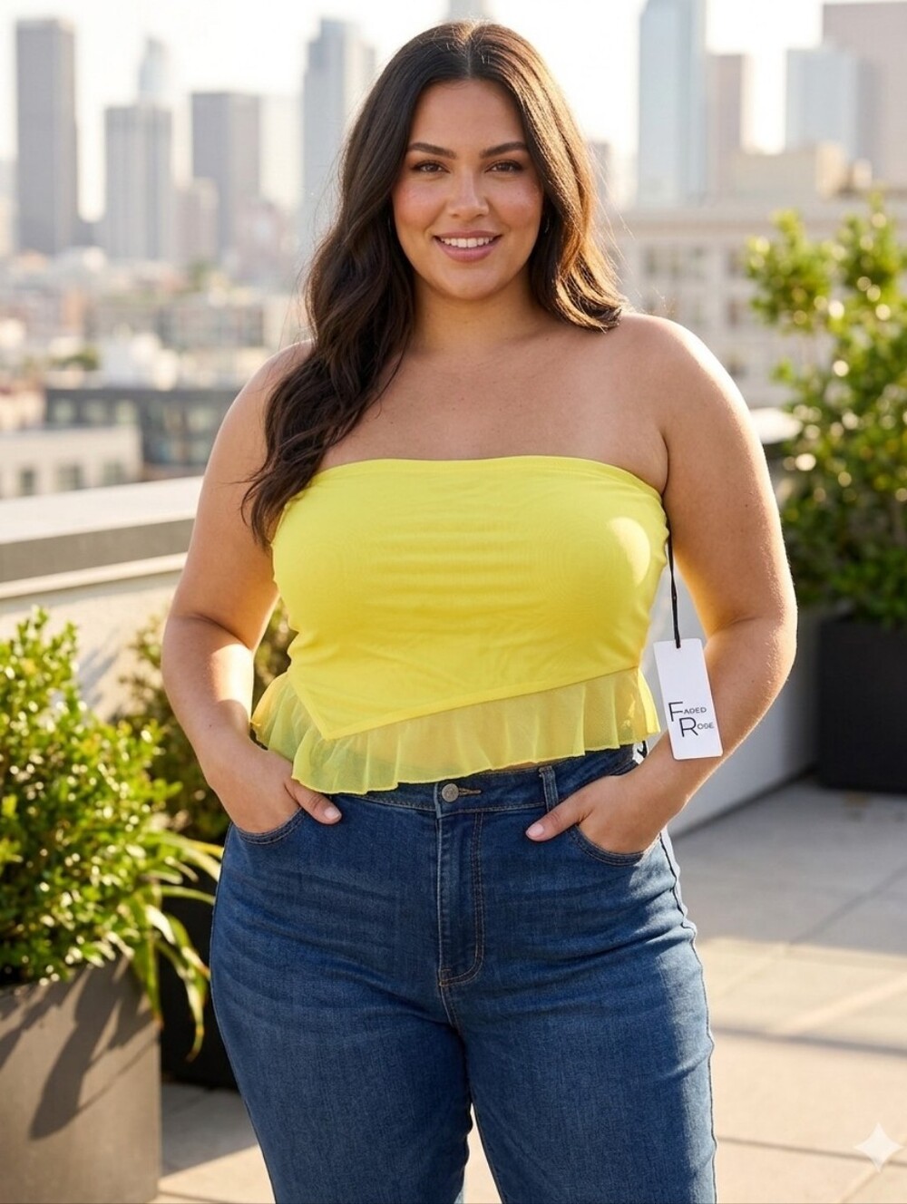 Yellow Strapless Ruffle Hem Women's Top Faded Rose